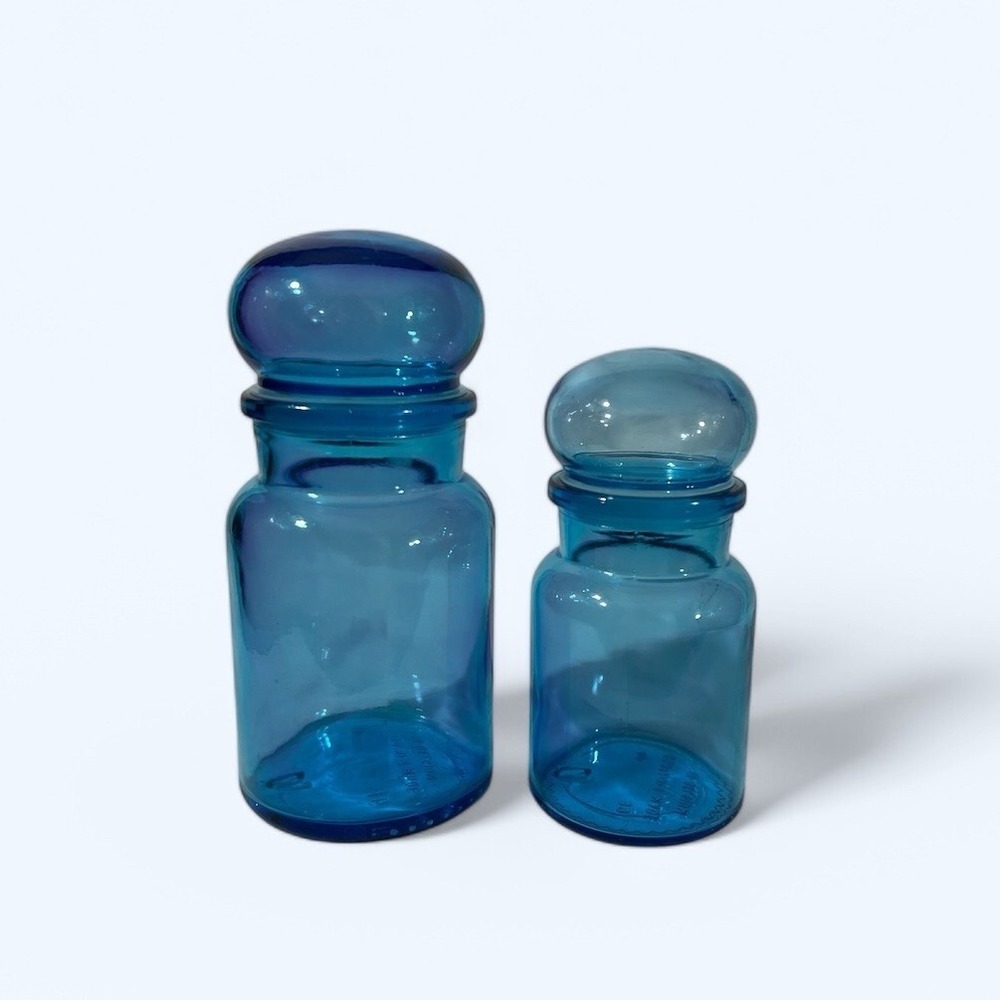 2 Vintage Blue Glass Contiainer Apothecary Bottle Jar Set-MCM Belgium Bubble Top
